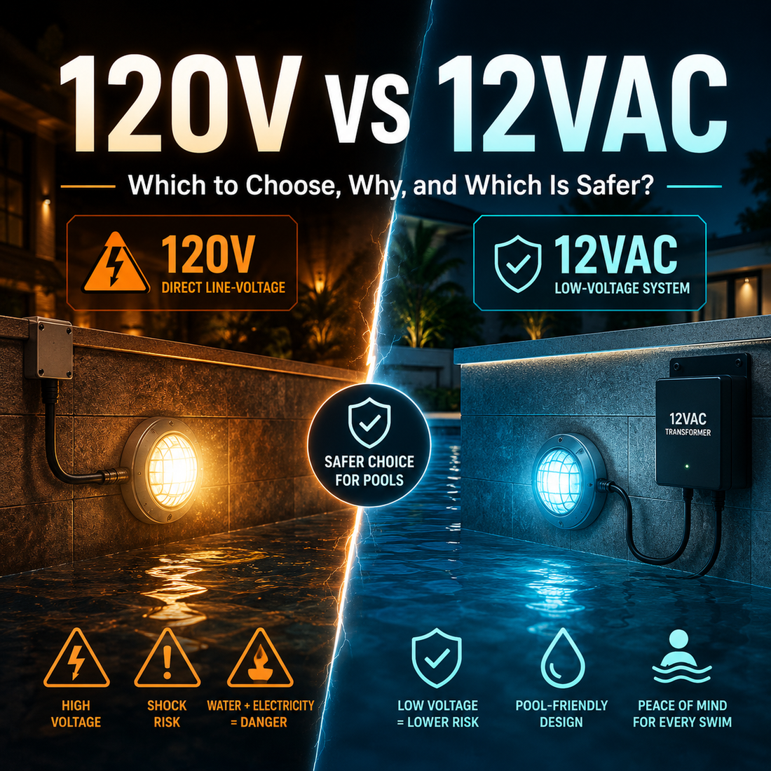 120V vs 12V pool lights compared, which voltage is safer for pool lighting