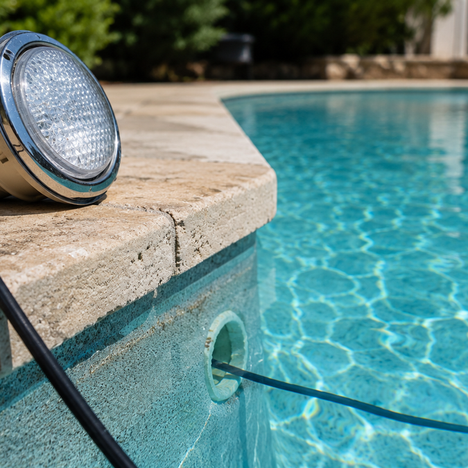 Pool light fixture resting on the coping with its cord trailing into a full swimming pool