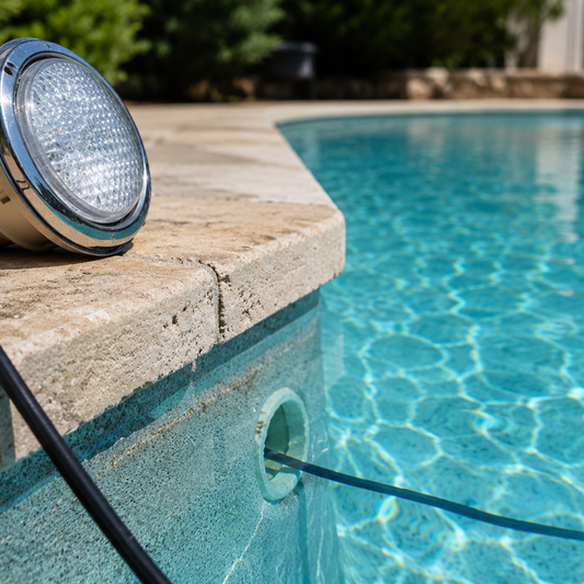 Pool light fixture resting on the coping with its cord trailing into a full swimming pool