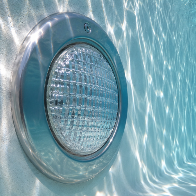 Large round pool light glowing bright white underwater at night with a visible beam