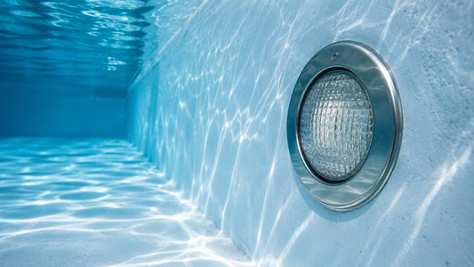 Classic 10 inch stainless steel trim ring pool light mounted in a pool wall underwater