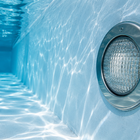 Classic 10 inch stainless steel trim ring pool light mounted in a pool wall underwater