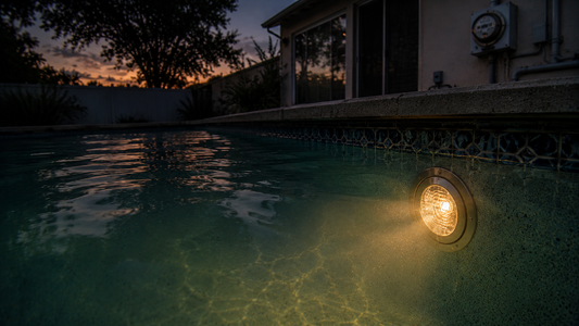 Older backyard pool at dusk lit by a dim warm incandescent pool light
