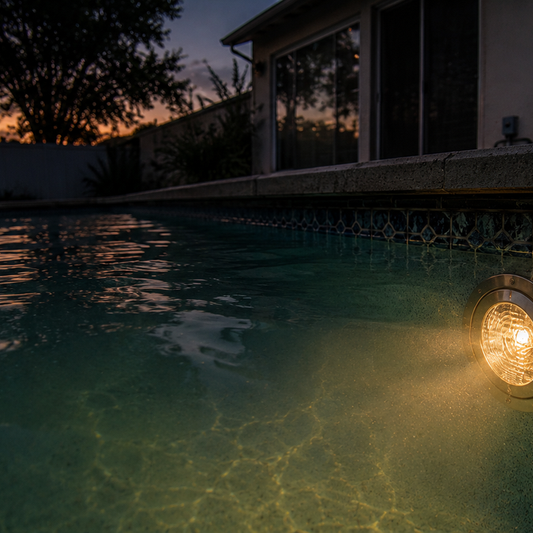 Older backyard pool at dusk lit by a dim warm incandescent pool light