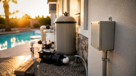 Low voltage pool light transformer box mounted at a pool equipment pad