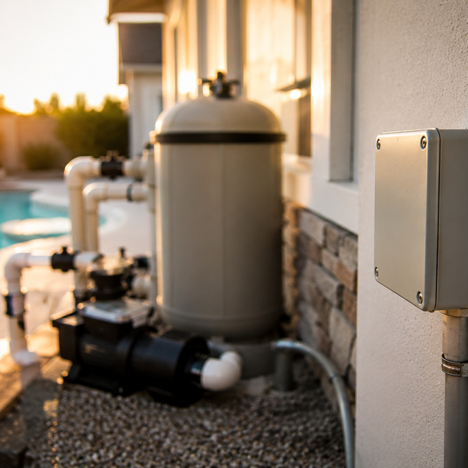 Low voltage pool light transformer box mounted at a pool equipment pad