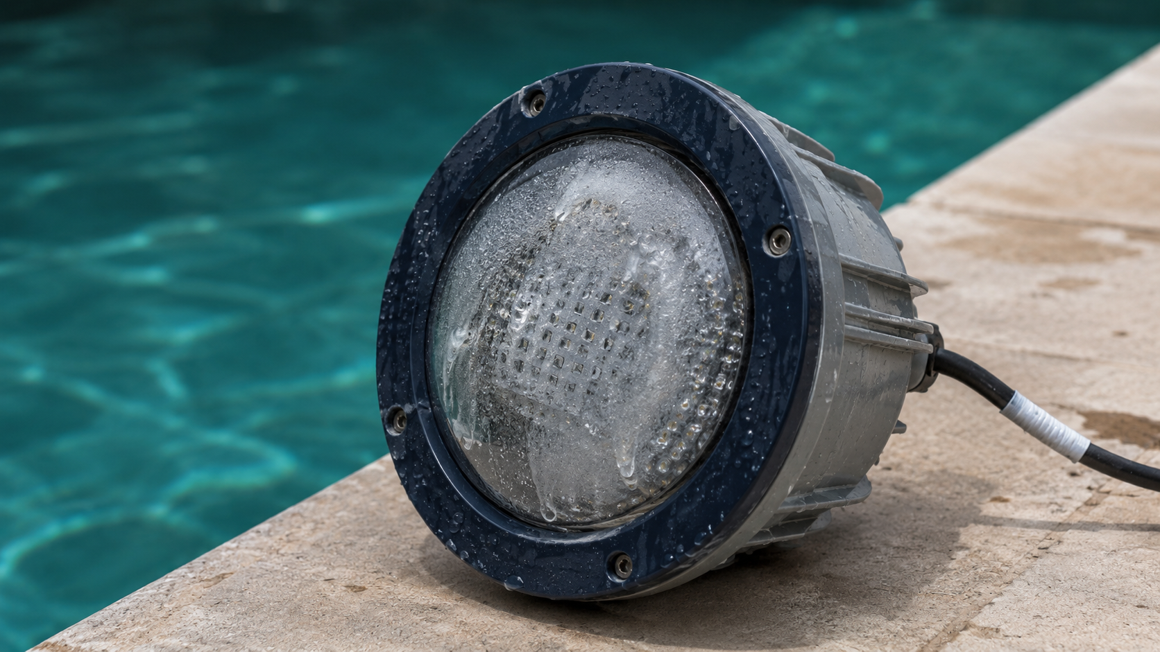 Residential pool light fixture pulled from its niche showing water intrusion and seal failure, the four common leak points on LED pool lights