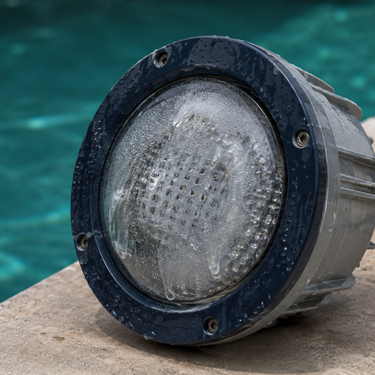 Residential pool light fixture pulled from its niche showing water intrusion and seal failure, the four common leak points on LED pool lights