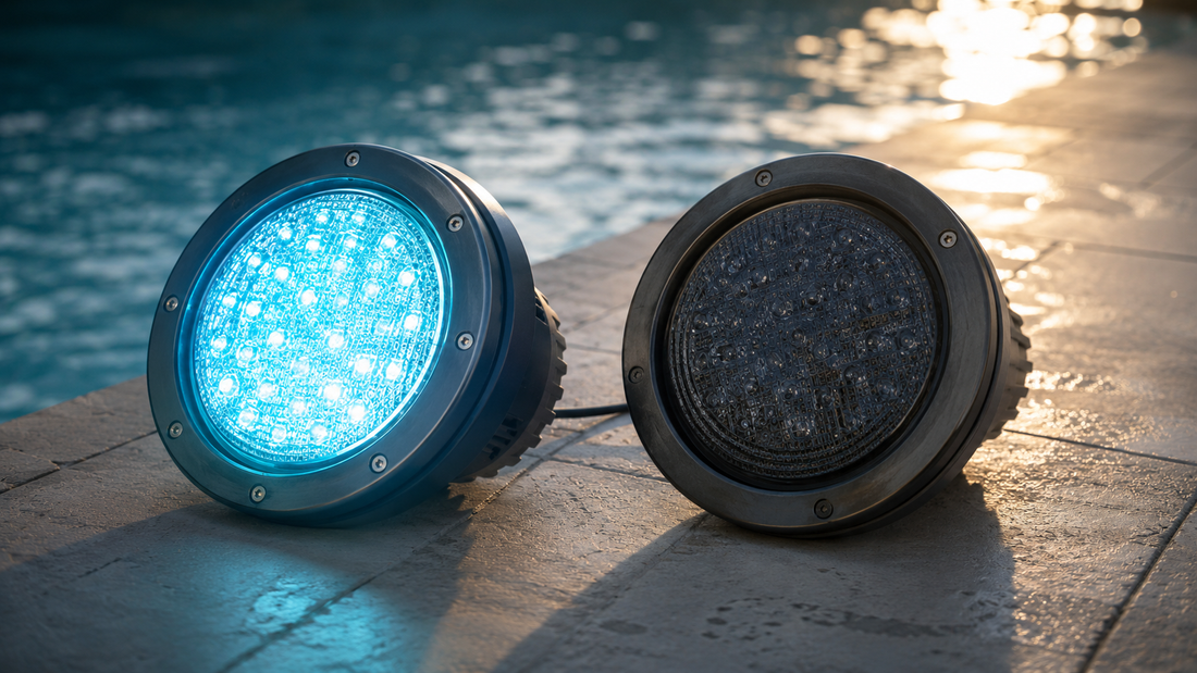 Failed LED pool light fixture showing the two root causes of premature burnout: driver overheating and water intrusion to the electronics