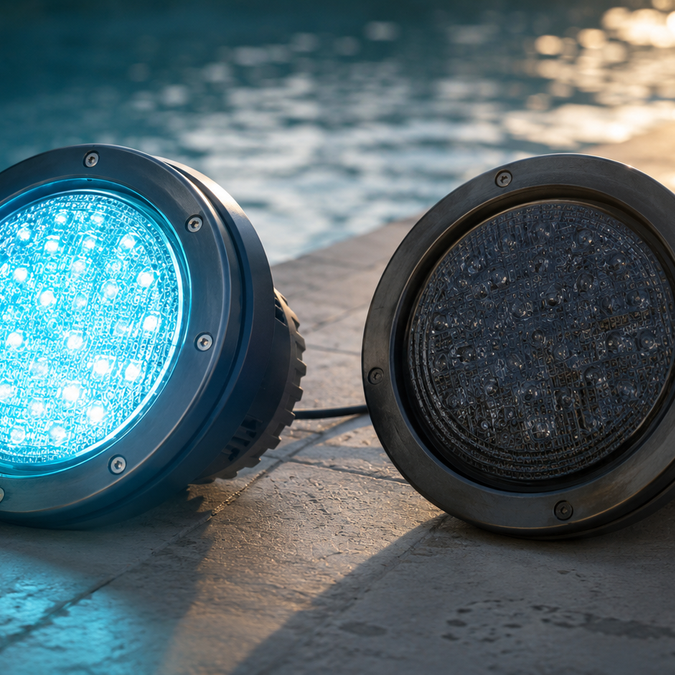 Failed LED pool light fixture showing the two root causes of premature burnout: driver overheating and water intrusion to the electronics