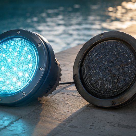 Failed LED pool light fixture showing the two root causes of premature burnout: driver overheating and water intrusion to the electronics