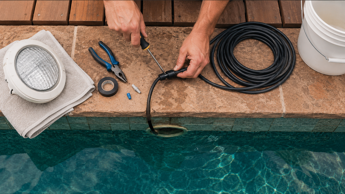DIY pool light replacement at the pool deck, swapping a residential pool light fixture without draining the pool