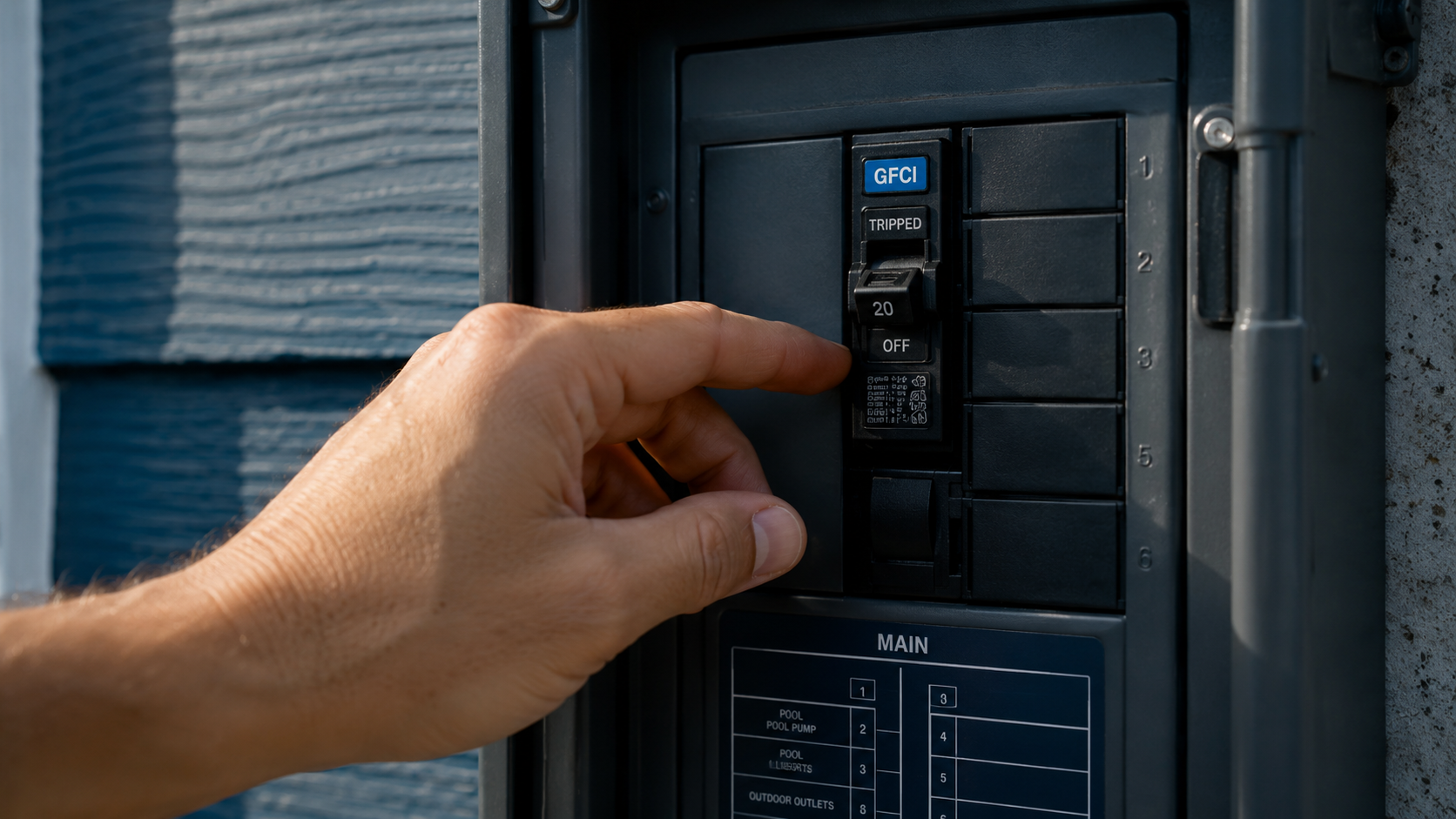Outdoor electrical sub-panel with a tripped GFCI breaker on the pool light circuit, the most common cause of a pool light tripping the GFCI