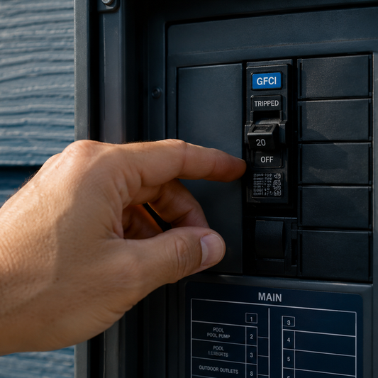 Outdoor electrical sub-panel with a tripped GFCI breaker on the pool light circuit, the most common cause of a pool light tripping the GFCI