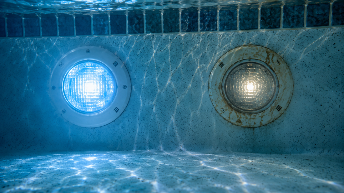 Side-by-side comparison of an old worn pool light fixture next to a new LED pool light, illustrating the 5 to 7 year service life of residential pool lights