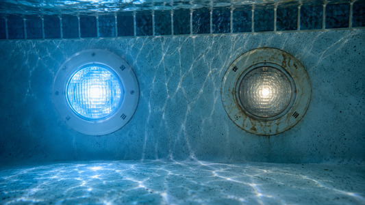 Side-by-side comparison of an old worn pool light fixture next to a new LED pool light, illustrating the 5 to 7 year service life of residential pool lights