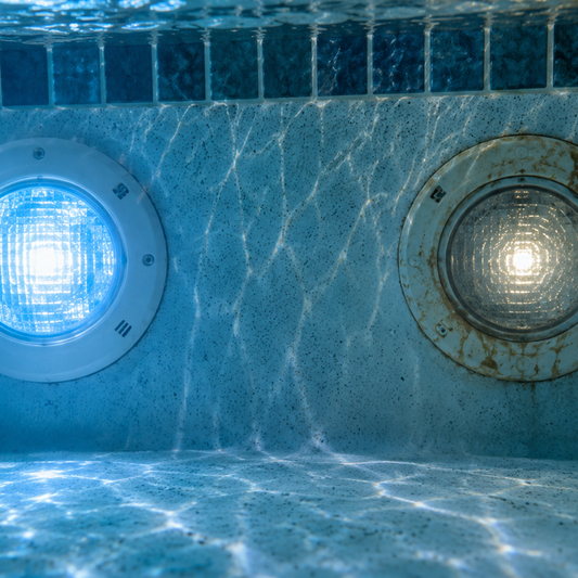 Side-by-side comparison of an old worn pool light fixture next to a new LED pool light, illustrating the 5 to 7 year service life of residential pool lights