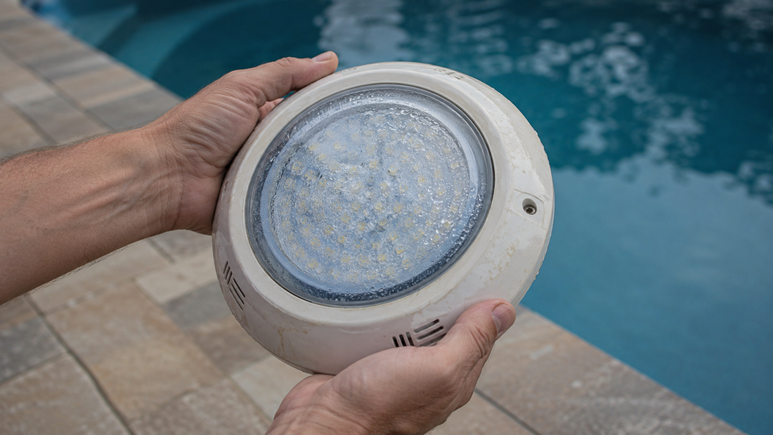 Relatively new pool light fixture showing premature failure at the 2 year mark, illustrating the five common causes of early LED pool light failure