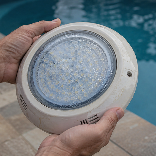 Relatively new pool light fixture showing premature failure at the 2 year mark, illustrating the five common causes of early LED pool light failure