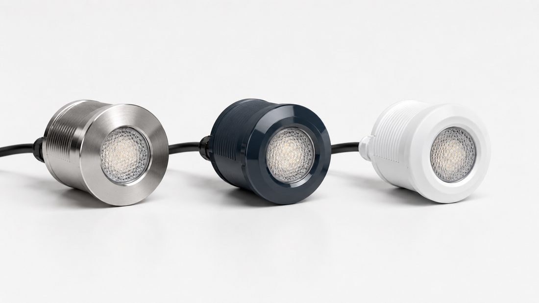 Pentair, Hayward, and Jandy LED pool lights side by side, illustrating the three brands that dominate the residential pool light market