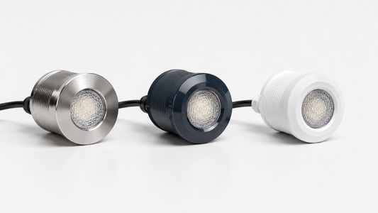 Pentair, Hayward, and Jandy LED pool lights side by side, illustrating the three brands that dominate the residential pool light market