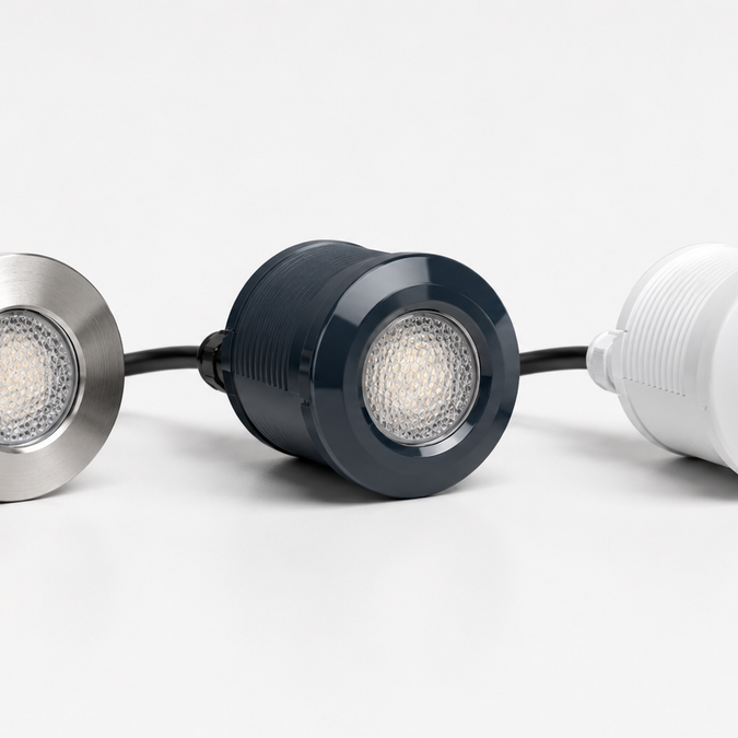 Pentair, Hayward, and Jandy LED pool lights side by side, illustrating the three brands that dominate the residential pool light market