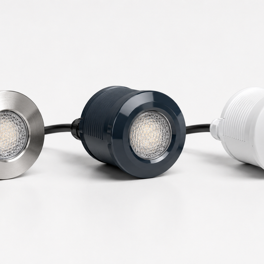 Pentair, Hayward, and Jandy LED pool lights side by side, illustrating the three brands that dominate the residential pool light market