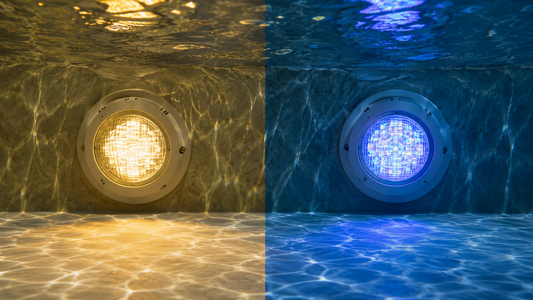 Side-by-side comparison of a warm halogen pool light glow next to a cool LED pool light, illustrating the technology difference between LED and halogen pool lights