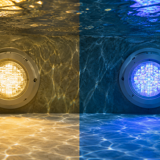 Side-by-side comparison of a warm halogen pool light glow next to a cool LED pool light, illustrating the technology difference between LED and halogen pool lights