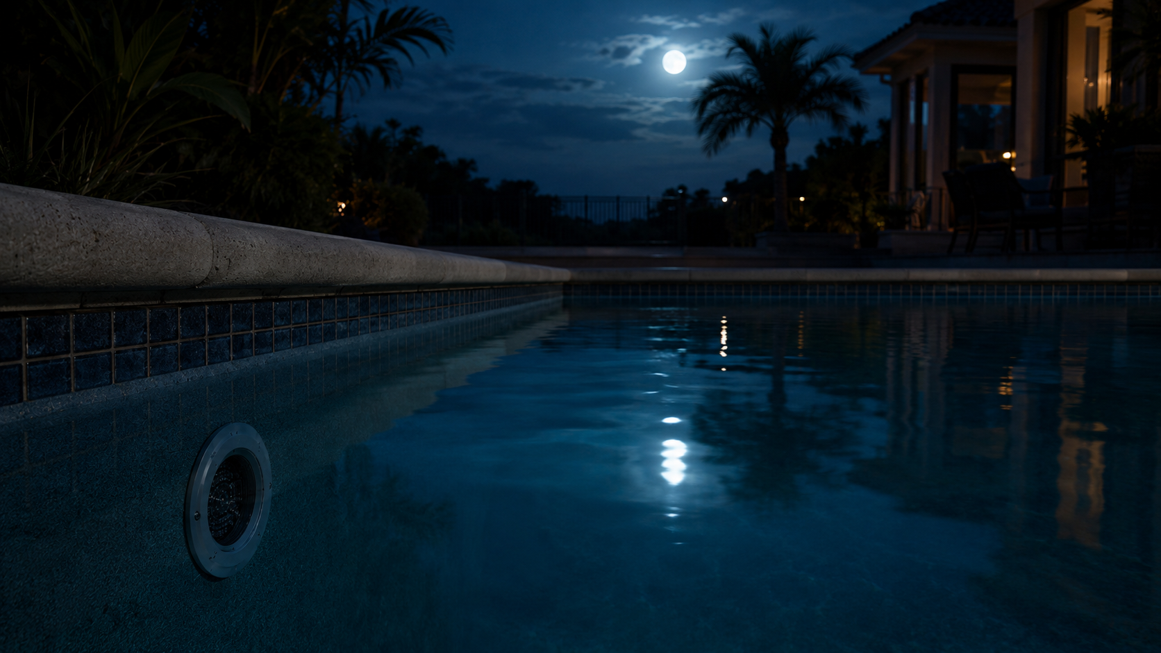 Dark unlit pool light at dusk with the rest of the pool deck quiet, illustrating a pool light that won't turn on and the diagnostic steps to check before replacing