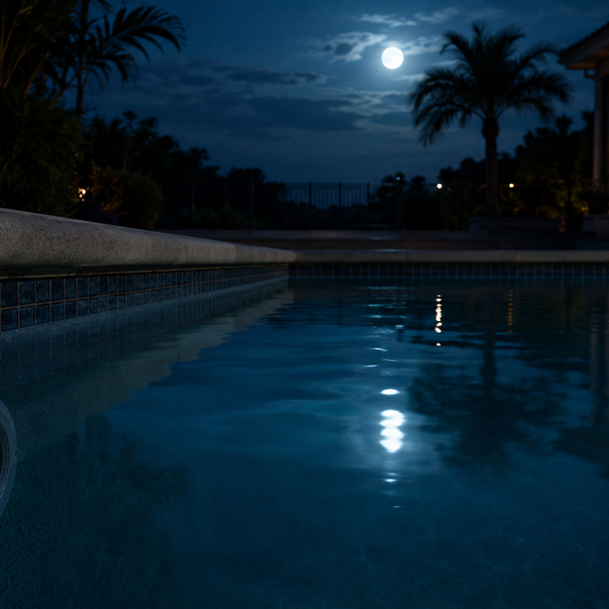 Dark unlit pool light at dusk with the rest of the pool deck quiet, illustrating a pool light that won't turn on and the diagnostic steps to check before replacing