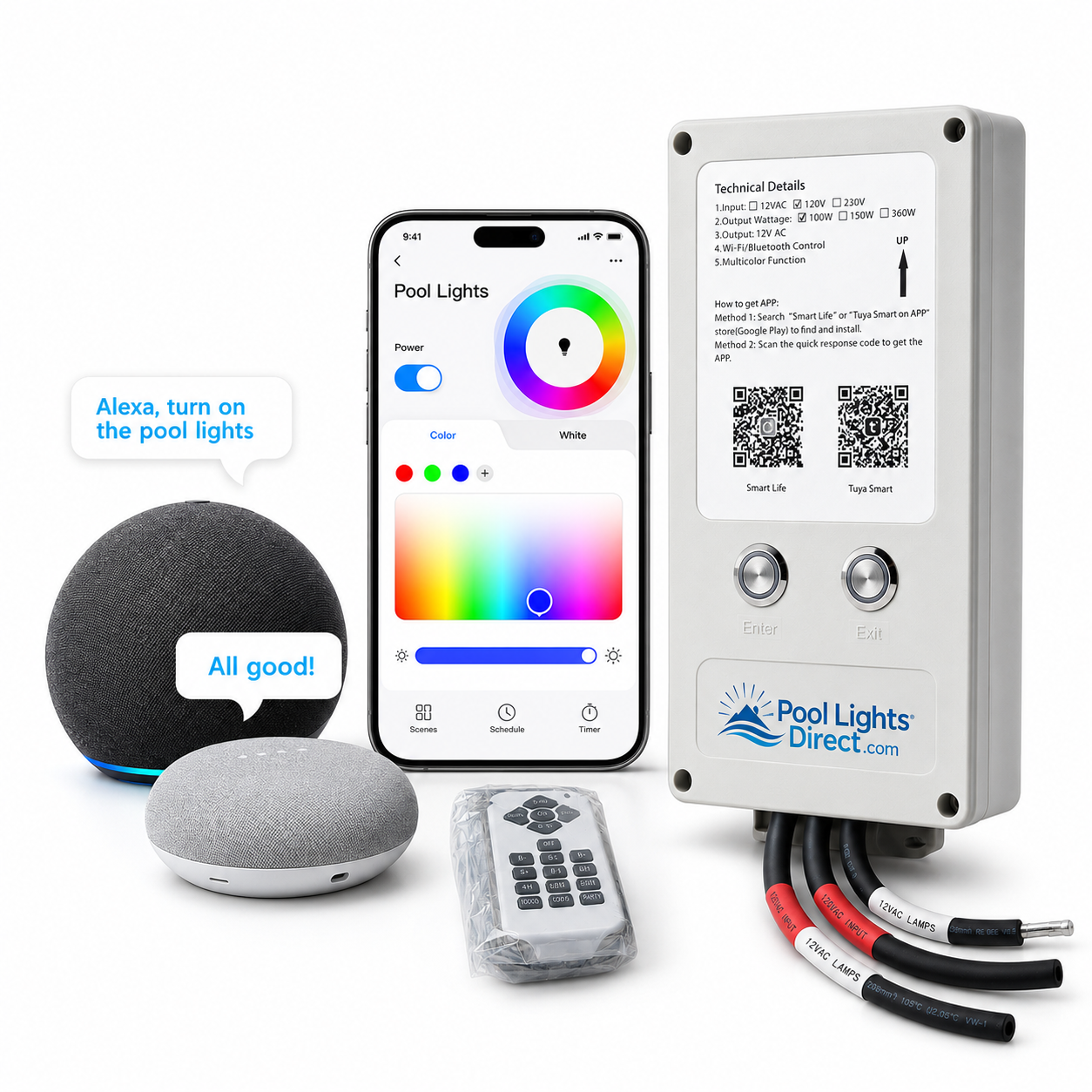 Pool light transformer and controller with included wireless remote