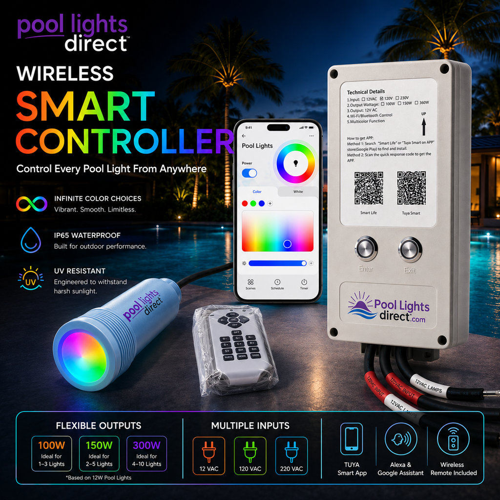 Smart pool light transformer and controller, front view