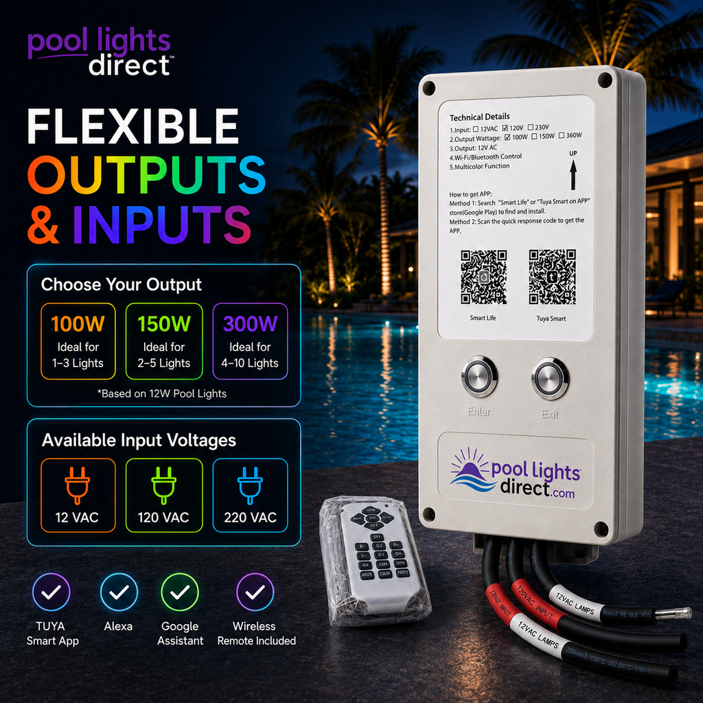 Smart pool light transformer for 12V, 120V, and 220V input