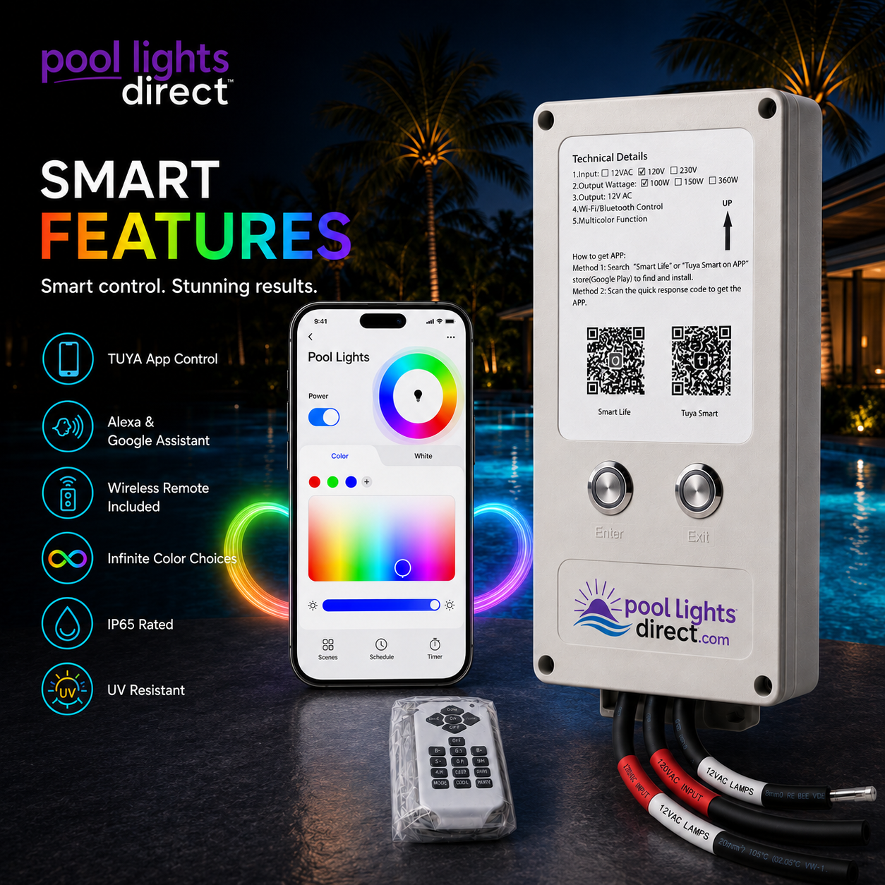 Smart WiFi pool light transformer and controller, detail view