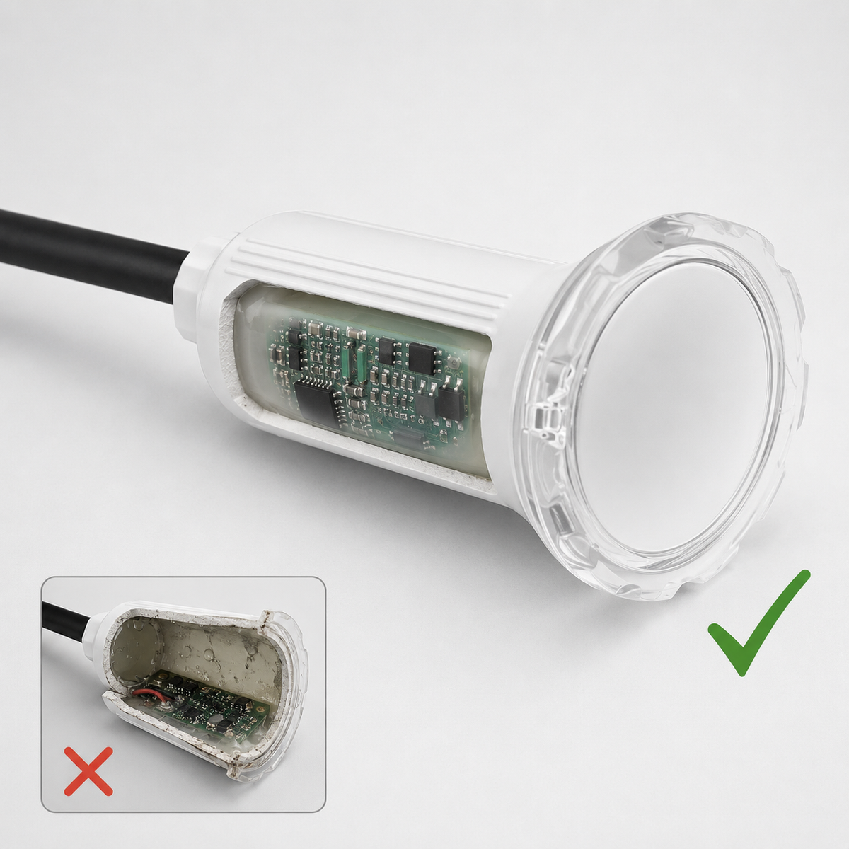 Resin filled housing on 1.5 inch nicheless LED pool light replacement prevents cracking and water intrusion