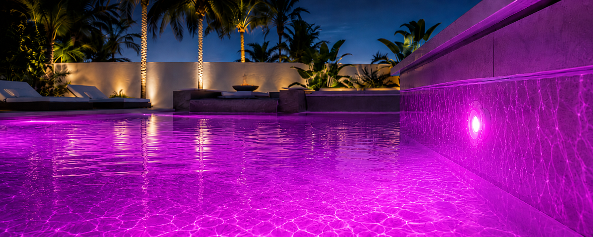 A luxury outdoor swimming pool illuminated by bright purple underwater lighting, with palm trees and a modern lounge setup in the background at dusk.